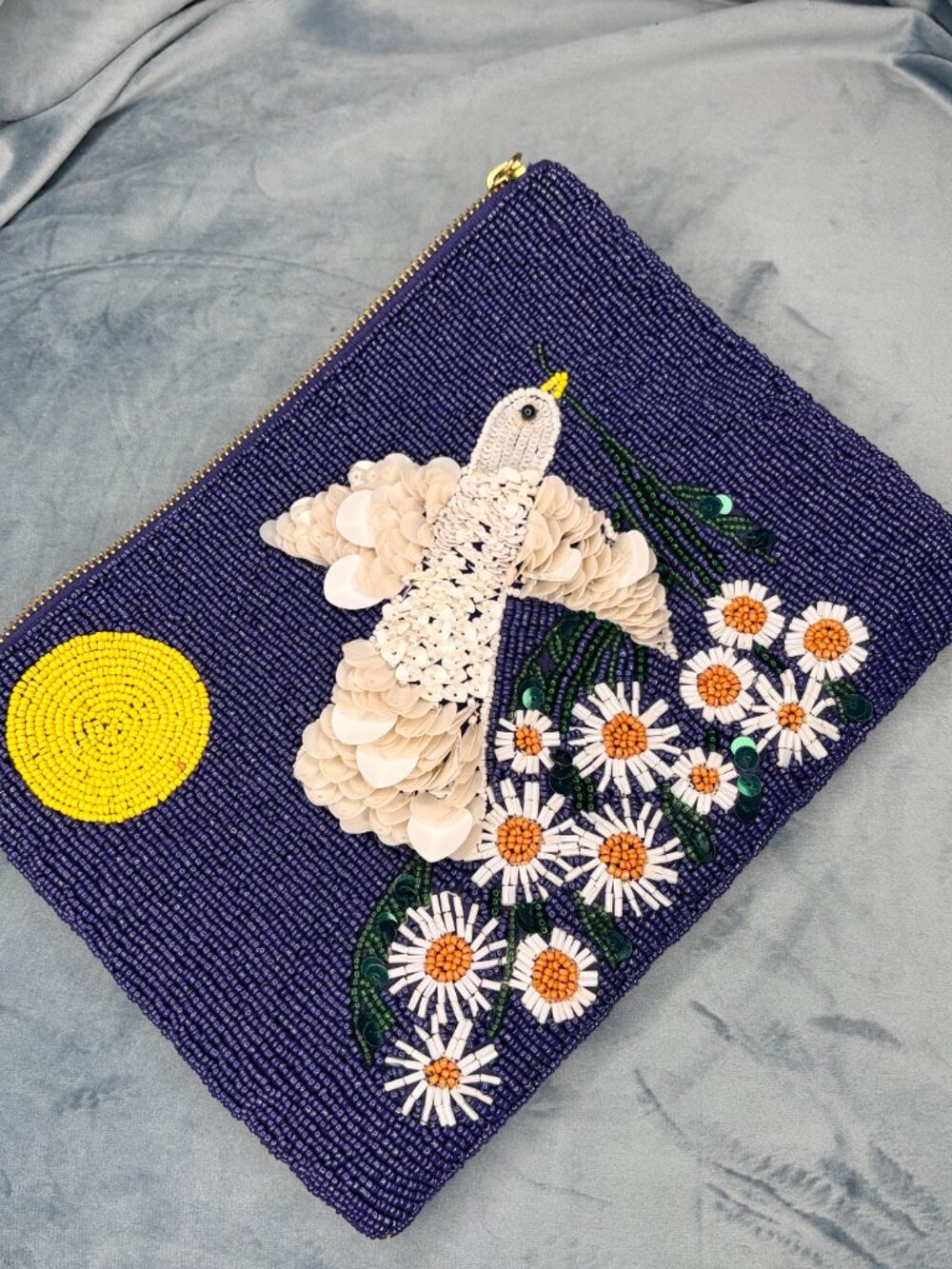 Anthropologie Navy Beaded Sequin Bird Floral Zip Clutch Pouch